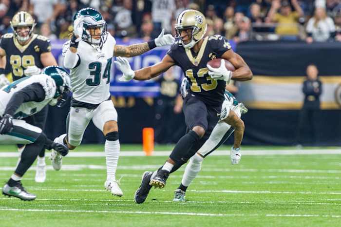 Saints receiver Michael Thomas runs after a catch during a NFC divisional playoff football against the Eagles. SCOTT CLAUSE/USA TODAY Network